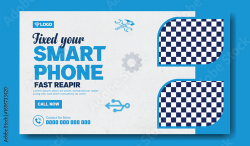 Professional smart phone repair service advertisement with close up images of device repair and contact information