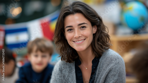 Wallpaper Mural Affectionate teacher celebrating cultural days with preschoolers in a kindergarten festivity area adorned with handmade crafts international flags and a globe captured in a prof Torontodigital.ca