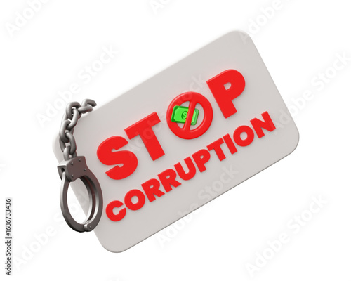 Conceptual 3D illustration against corruption, featuring handcuffs and a prohibition symbol over money, isolated on a white background