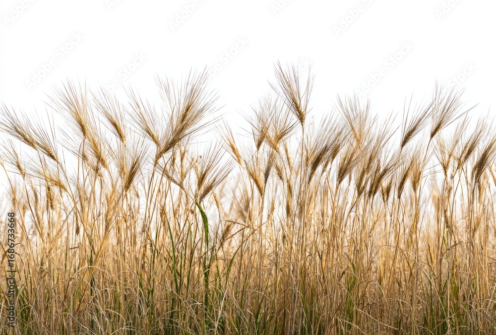 Fototapeta premium Close-up of golden wheat stalks against a bright white background. Some stalks are green. A blurry field exists under the golden stalks