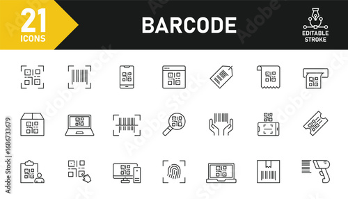 Barcode line icon set. Set of 21 outline icons related to barcode, scanner, QR code, payment barcode, phone scanner, QR scan  and others. Editable stroke. Vector illustration.
