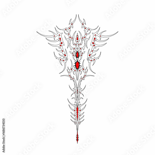 Abstract neo tribal vector design with black and red ornamental details, sharp symmetrical lines, and fantasy gothic aesthetic