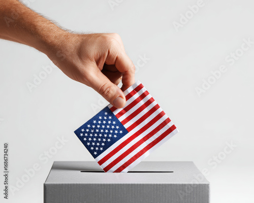 Hand Putting USA Flag into a Ballot Box - Election and Voting Concept

