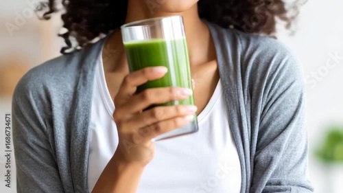 Woman Drinking Green Smoothie Home