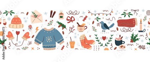 seamless pattern, cute illustration.  tree, stars, dot, snow, simple  design. hand drawn doodles are isolated on a white background. A trend concept for print, banner, social networks, poster. vector