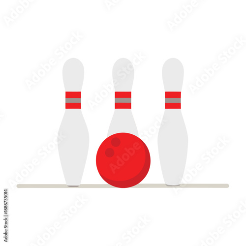 Bowling pins and a red bowling ball isolated on white background, ready for a strike in the bowling alley
