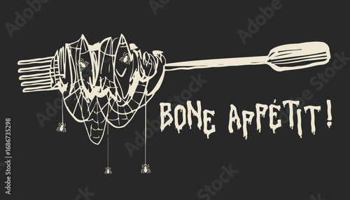 Halloween Pasta illustration with spiders and hanging spider web, Hand-drawn halloween food illustration for menus and Halloween dinner party invitations