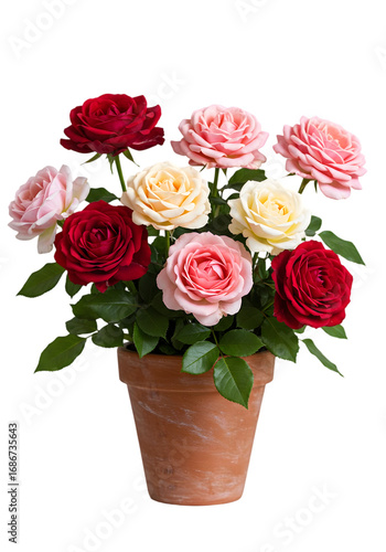 Isolated Roses in a Clay Pot with Mixed Colors on a Transparent Background
