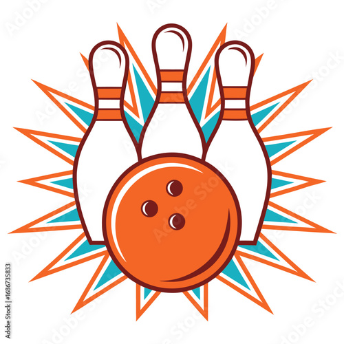 Bowling ball and pins with an orange and blue starburst isolated on white background vector illustration