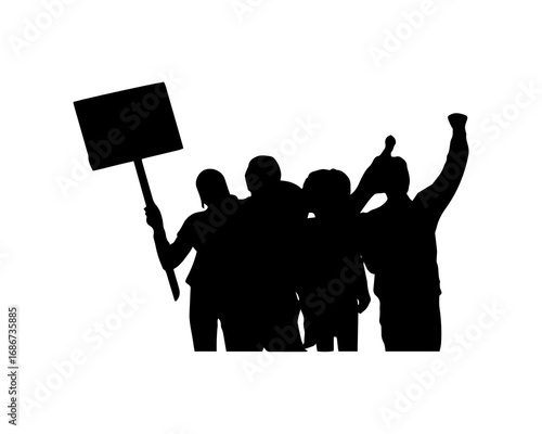 Silhouette of a group of activists at a protest march, holding a blank sign and raising a fist in solidarity for social justice