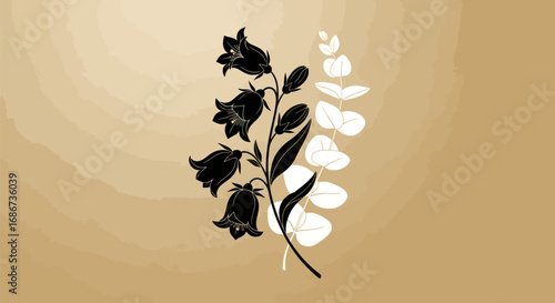 Artistic graphic illustration of a stylized black bell flower plant with translucent leaves.