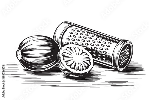 Vintage line art of nutmeg with grater. Detailed hand-drawn spice sketch in engraving style