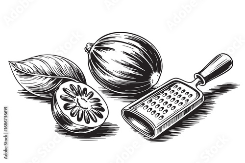 Vintage engraving of nutmeg with grater and bay leaf, hand-drawn spice illustration, line art