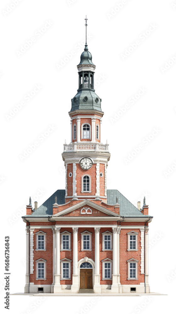 Fototapeta premium Historic Red Brick Town Hall with a Charming Clock Tower and Columns