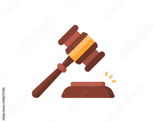Vector illustration of a wooden judge's gavel striking a sound block, a symbol of law, justice, auction, and authority on a white background