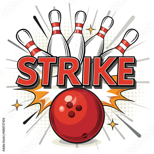 Bowling strike with pins and ball isolated on white background, a perfect score in the game of bowling