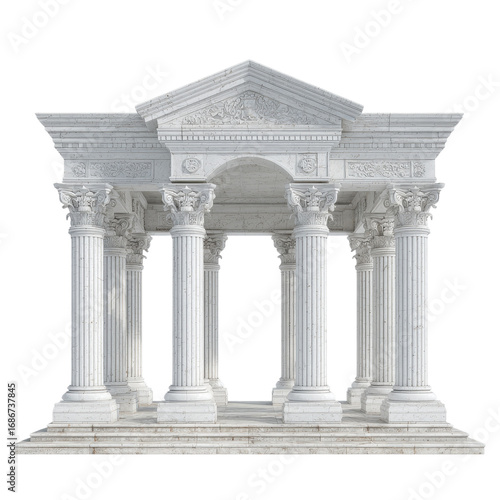 Isolated white classical pavilion entrance with columns and decorative pediment on black.