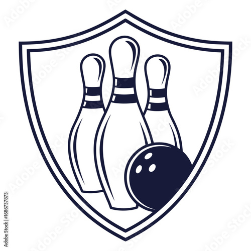 Bowling pins and ball in a shield isolated on white background for sport and recreation