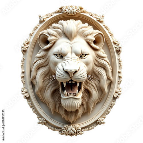 Ornate oval relief sculpture of a fierce roaring lion head