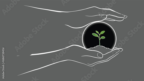 A conceptual graphic illustrating hands gently cradling a young seedling, symbolizing the vital act of environmental protection, sustainable growth, and the hope for a flourishing natural world