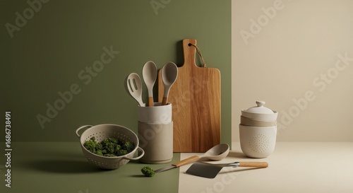 Minimalist Kitchen Utensils with Natural Elements and Soft Colors