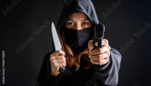 Person in black hoodie and mask holding a gun and knife
