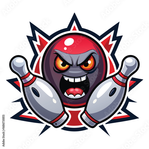 Cartoon bowling ball with angry expression and pins isolated on white background vector illustration
