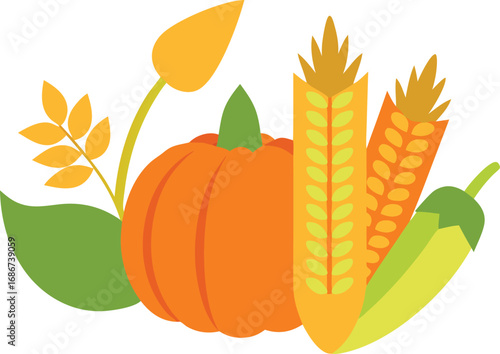 Harvest festival elements bundle vector illustration corn wheat pumpkin autumn seasonal icons