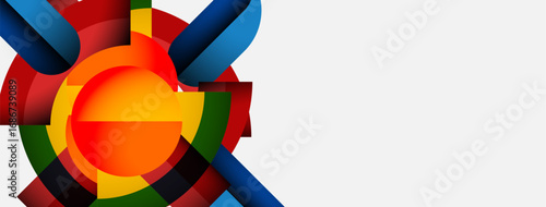 Abstract colorful design features overlapping shapes. Bright hues create dynamic visual impact, modern aesthetic. White space dominates right side.