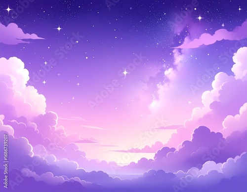 Celestial dreamscape with glowing pastel clouds under a starry purple sky