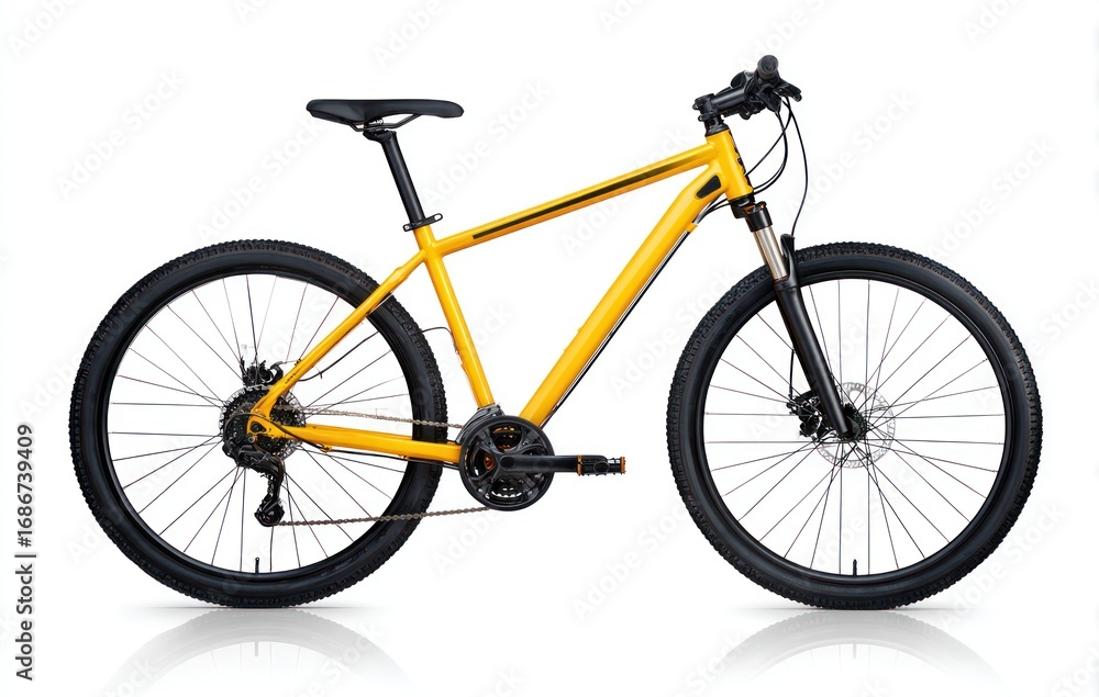 Fototapeta premium A yellow mountain bike with black tires, seat, and handlebars, isolated on a white background, showcasing its frame and components