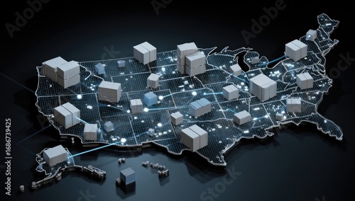 USA map with interconnected shipping boxes