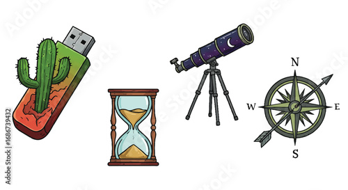 Flat lay of a cactus on a USB drive, an hourglass, a telescope on a tripod, and a compass on a white background with educational and navigational tools.