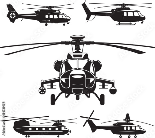 Black and White Helicopter Illustrations – Military, Civilian, and Transport Designs from Multiple Angles 