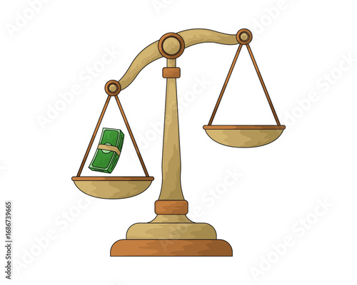 Vector illustration of a justice scale tilted by the weight of money, a metaphor for bribery, corruption, and economic influence