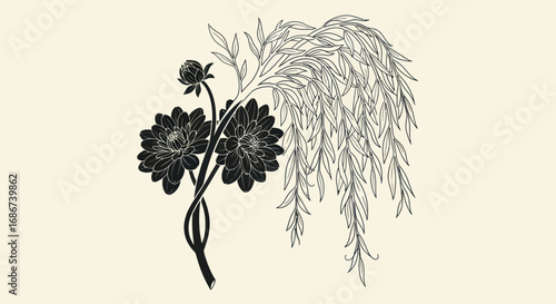Elegant botanical illustration of dark flowers and wispy foliage.