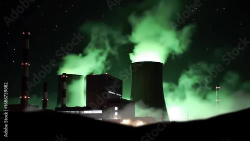 Green Toxic Smoke Plumes Rising from Industrial Power Plant at Night.