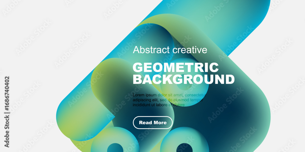 Obraz premium Abstract geometric background features vibrant blue, green hues. Text overlay includes sample content, button. Modern design elements present.