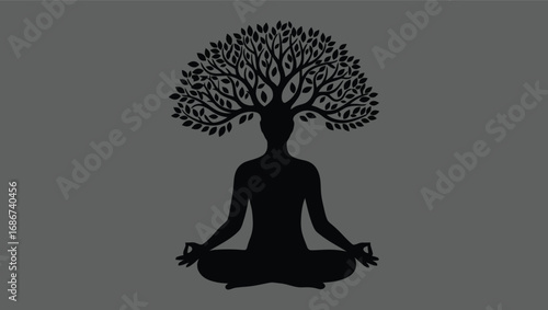 Conceptual illustration of a person meditating in a lotus pose, with a tree of life representing the mind, symbolizing spiritual growth and harmony with nature