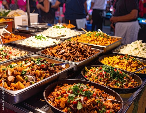 Vibrant Food Market Stall Displaying Diverse Cuisine