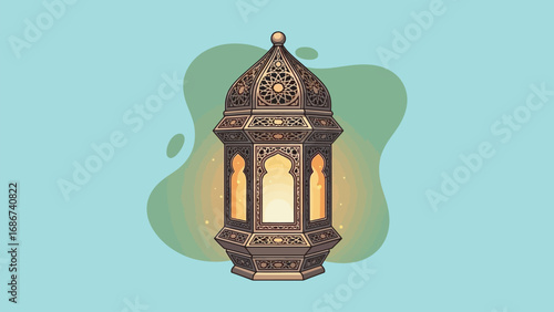 Decorative Islamic lantern with illuminated interior, perfect for Ramadan and Eid celebrations, casting a warm glow, symbolizing faith and tradition, and enhancing festive decor