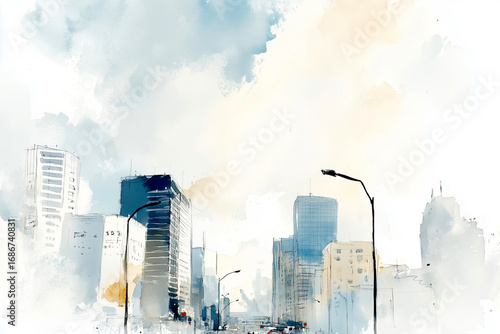 Watercolor illustration of an urban landscape with modern city buildings. Artistic and soft cityscape, ideal for design, travel, or architectural concepts.