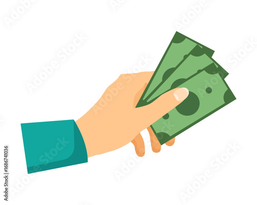 Vector illustration of a human hand holding green cash banknotes representing payment, finance, and commercial transaction concepts isolated on a white background