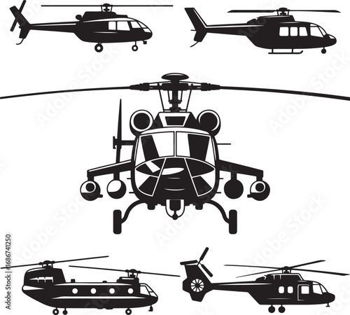 Black and White Helicopter Illustrations – Military, Civilian, and Transport Designs from Multiple Angles 