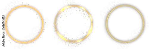 Golden light ring clipart. Shiny glowing halo with sparkles, dust overlay and glitter circle frame. Vector gold glowing round border isolated on transparent background for luxury design projects.