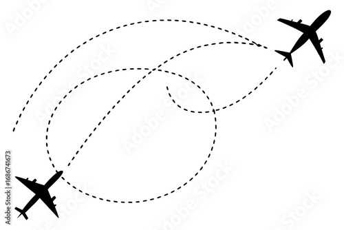 Two black silhouette airplanes flying on dashed line routes across white background aircraft flight