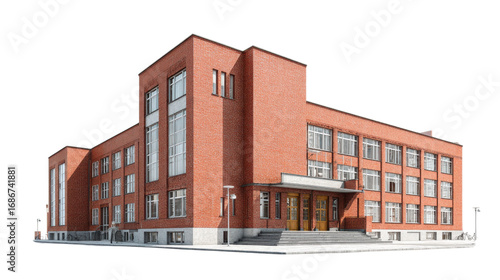 Angled Photorealistic View of Bauhaus Style Brick School Building