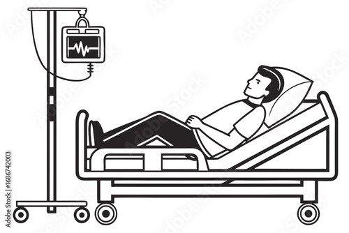 Monochrome vector illustration of a male patient lying in a hospital bed with an I V drip and monitor