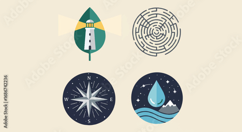 Flat lay of four eco-friendly and innovative icons on a beige background, featuring a green leaf, maze, starburst, and water droplet designs.