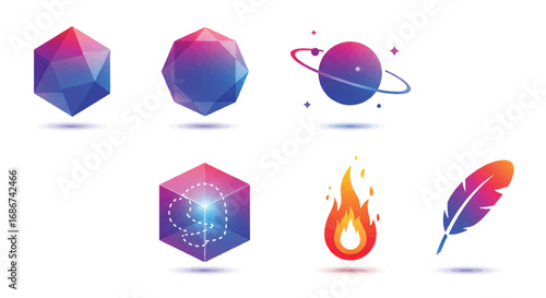 Flat lay of six colorful 3D icons including geometric shapes and symbols on a clean white background with a vibrant and modern aesthetic.